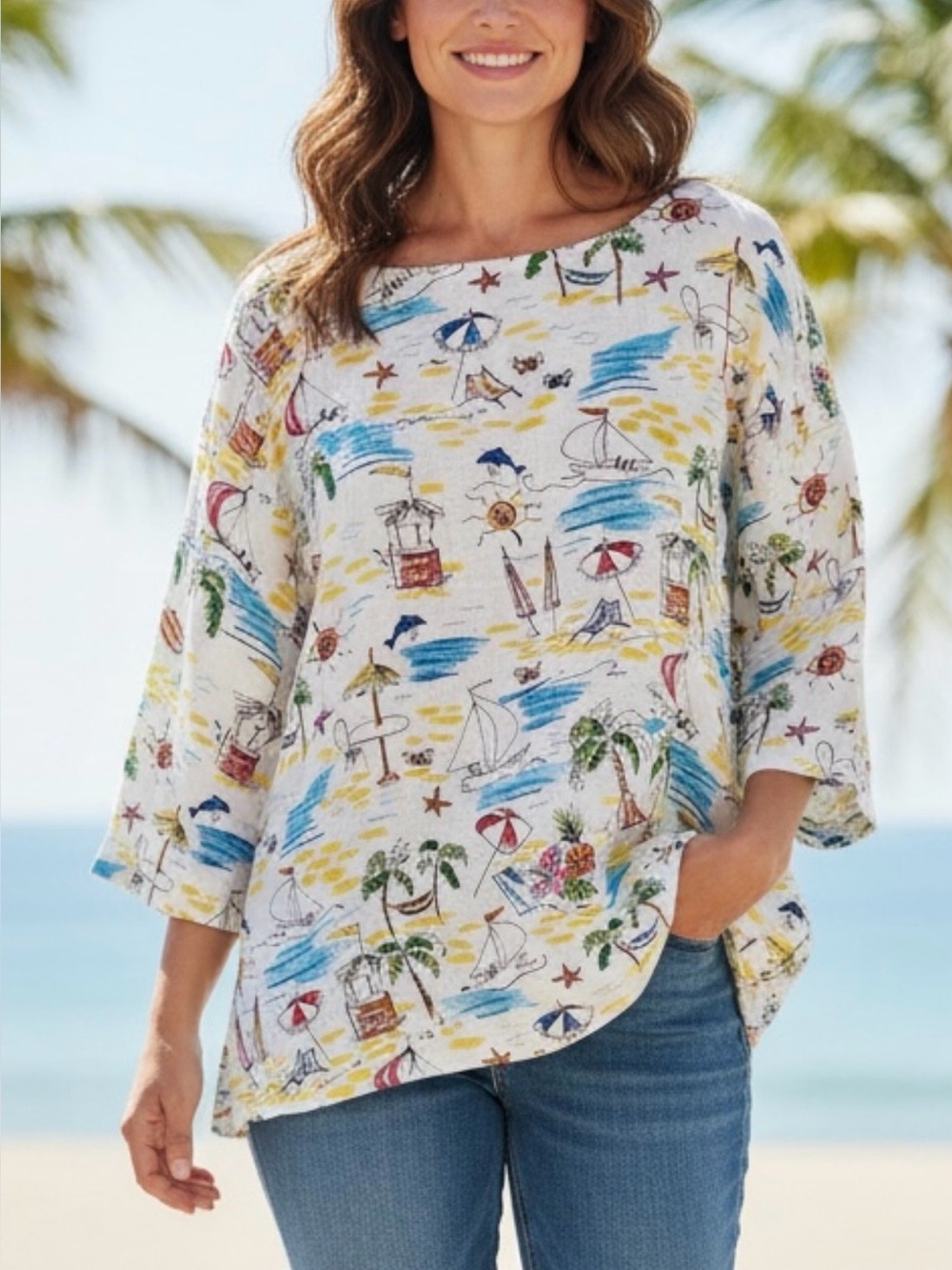 Hot Cotton Beach Print Linen Pullover Tunic, 3/4 Sleeves, Resortwear - Size 3X